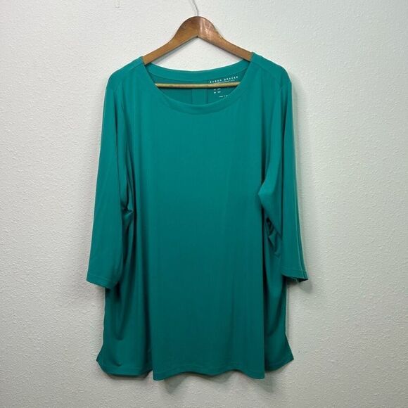 Susan Graver Liquid Knit Solid Green 3/4 Sleeve Top Plus Size 3XP Petite - Picture 1 of 13